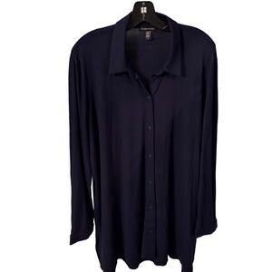 Eileen Fisher Women’s Fine Jersey Classic Collar Shirt Navy Blue Button Up Sz L